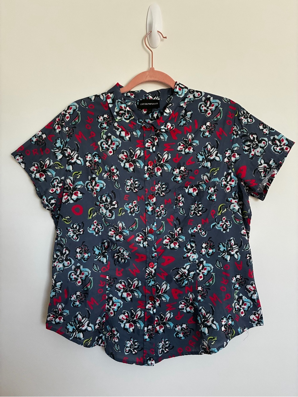 Emporio Armani Short-Sleeve Floral Button-Up Shirt in Charcoal Red Armani